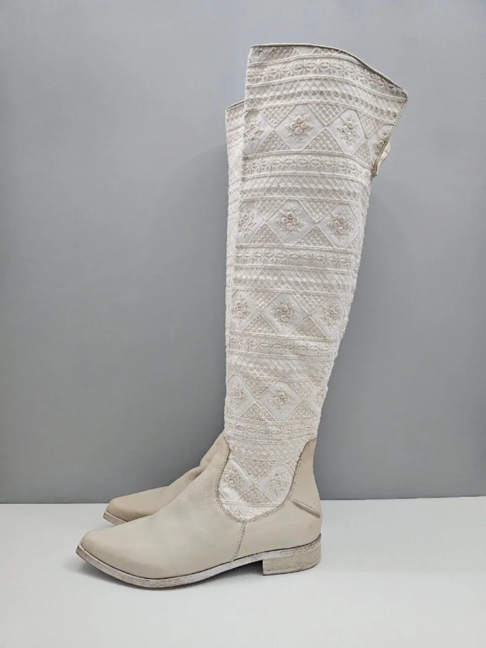 Free People Bren Knee High Boot Womens EU 38 Cream Embroidered Slouchy Boho